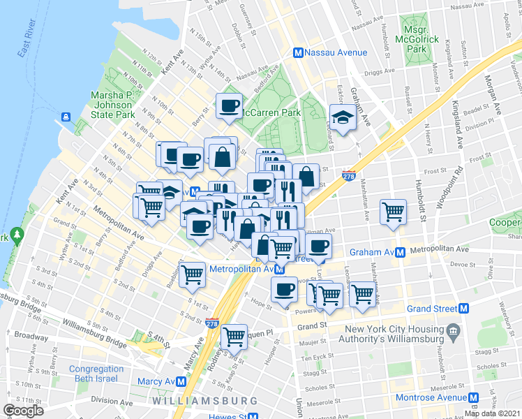 map of restaurants, bars, coffee shops, grocery stores, and more near 2 Havemeyer Street in Brooklyn