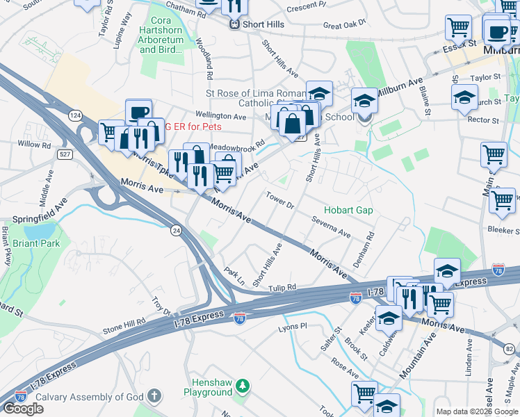 map of restaurants, bars, coffee shops, grocery stores, and more near 530 Morris Avenue in Springfield
