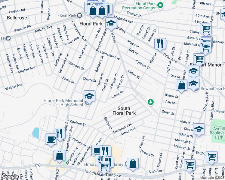 map of restaurants, bars, coffee shops, grocery stores, and more near 192 West Poplar Street in Floral Park