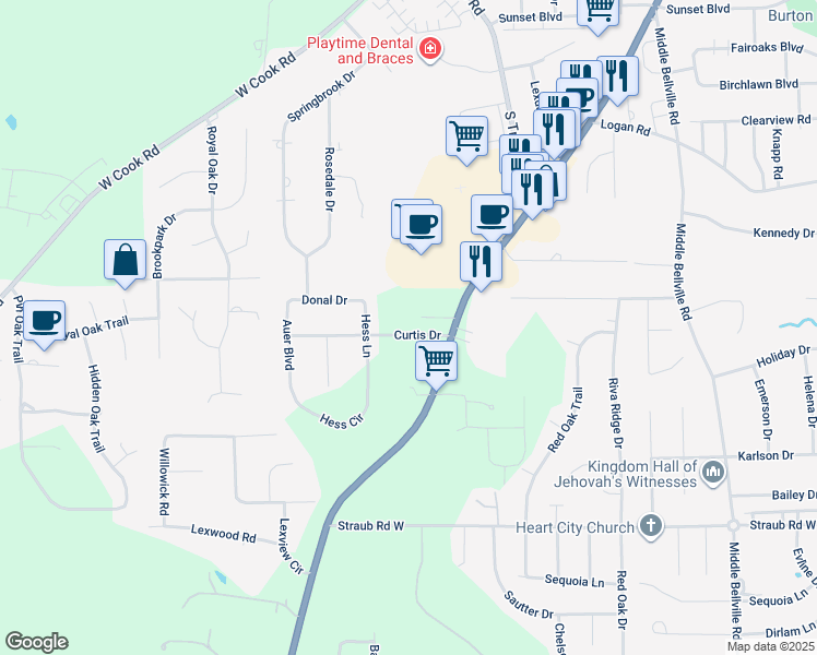 map of restaurants, bars, coffee shops, grocery stores, and more near 921 Curtis Drive in Mansfield