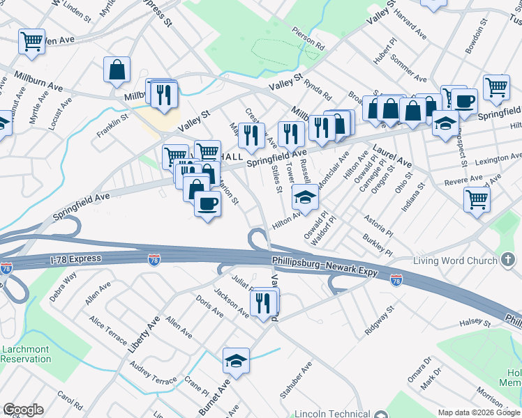 map of restaurants, bars, coffee shops, grocery stores, and more near 323 Marion Street in Union