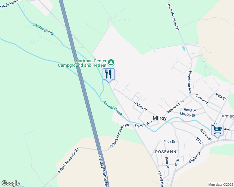 map of restaurants, bars, coffee shops, grocery stores, and more near 40 North Main Street in Milroy