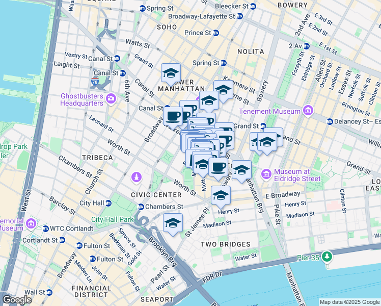 map of restaurants, bars, coffee shops, grocery stores, and more near Baxter St & White St in New York