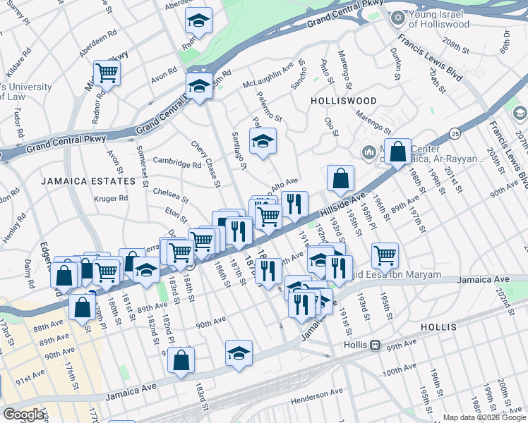 map of restaurants, bars, coffee shops, grocery stores, and more near 188-22 Palo Alto Avenue in Queens