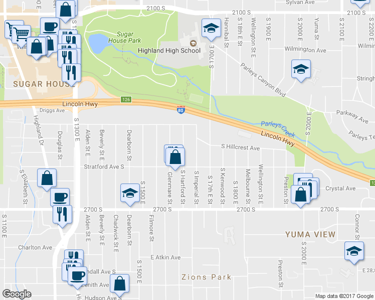 map of restaurants, bars, coffee shops, grocery stores, and more near 2527 South Hartford Street in Salt Lake City