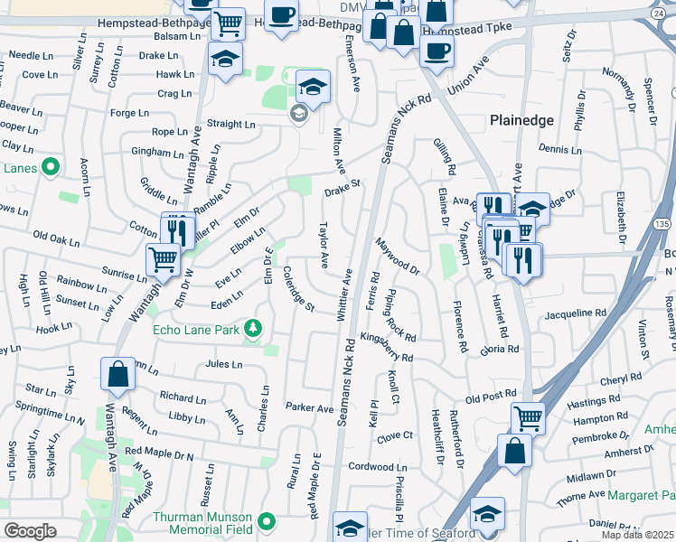 map of restaurants, bars, coffee shops, grocery stores, and more near 377 Whittier Avenue in Levittown