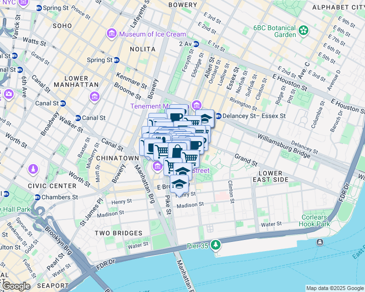 map of restaurants, bars, coffee shops, grocery stores, and more near 50-52 Eldridge Street in New York