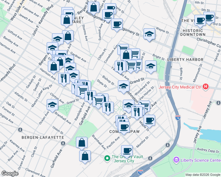 map of restaurants, bars, coffee shops, grocery stores, and more near 460 Communipaw Avenue in Jersey City