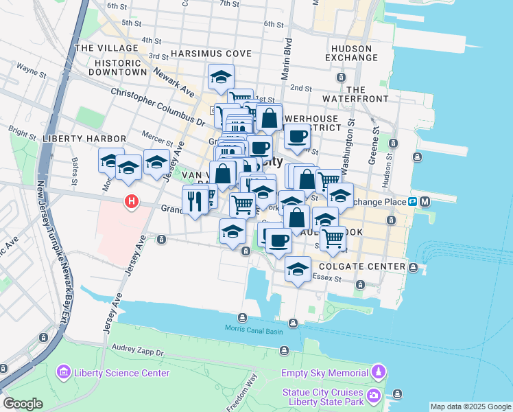 map of restaurants, bars, coffee shops, grocery stores, and more near Henderson Street in Jersey City