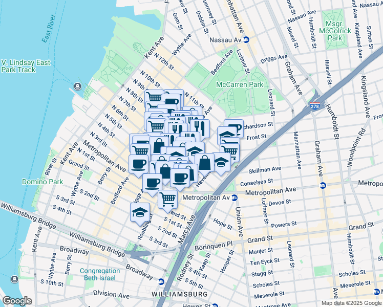 map of restaurants, bars, coffee shops, grocery stores, and more near 225 North 7th Street in Brooklyn