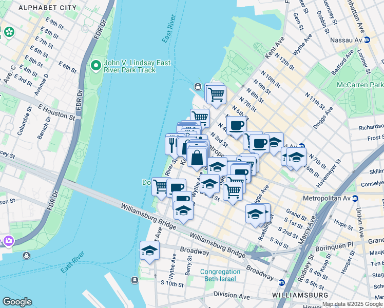 map of restaurants, bars, coffee shops, grocery stores, and more near 73 Grand Street in Brooklyn