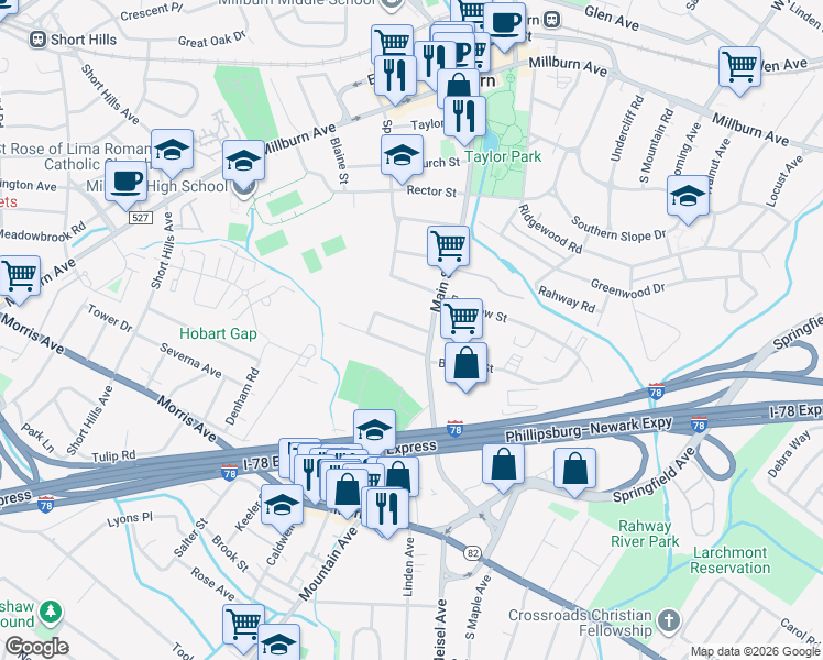 map of restaurants, bars, coffee shops, grocery stores, and more near 18 Ocean Street in Millburn