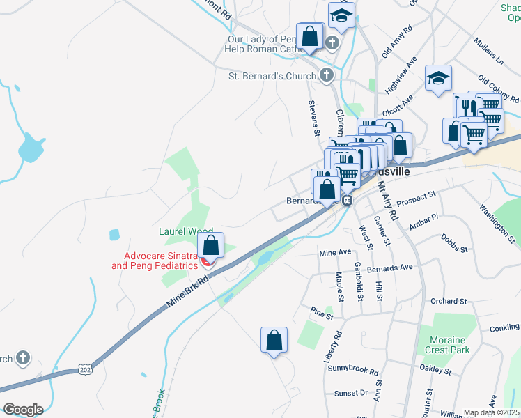 map of restaurants, bars, coffee shops, grocery stores, and more near 3 Laurel Lane in Bernardsville