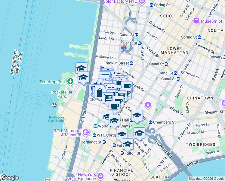 map of restaurants, bars, coffee shops, grocery stores, and more near 155 Chambers Street in New York