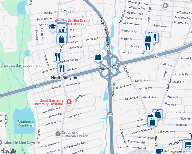 map of restaurants, bars, coffee shops, grocery stores, and more near 69 Henry Avenue in Babylon