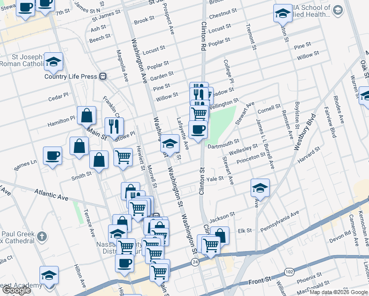 map of restaurants, bars, coffee shops, grocery stores, and more near 12 Ormond Street in Hempstead