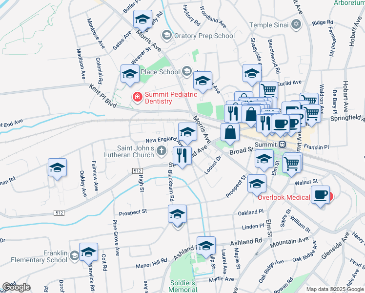 map of restaurants, bars, coffee shops, grocery stores, and more near New England Avenue in Summit