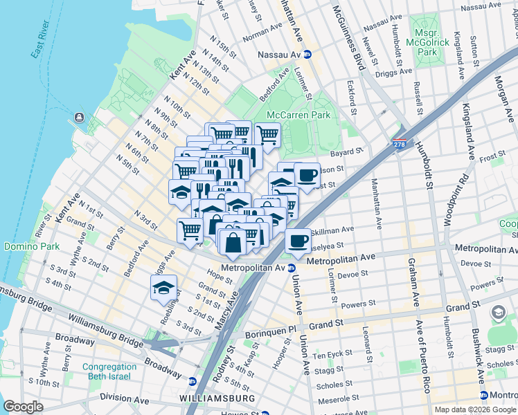 map of restaurants, bars, coffee shops, grocery stores, and more near 251 North 7th Street in Brooklyn