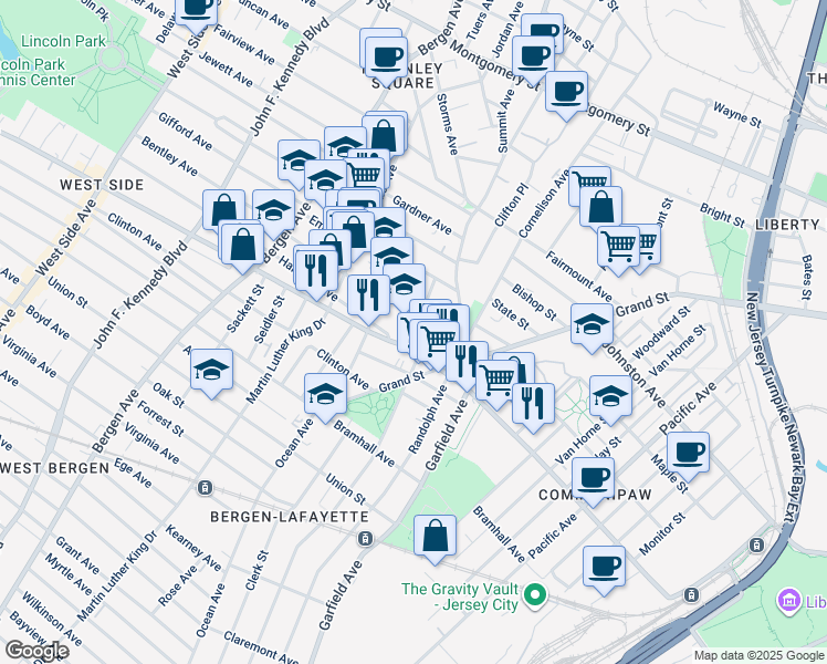 map of restaurants, bars, coffee shops, grocery stores, and more near 18 Park Street in Jersey City