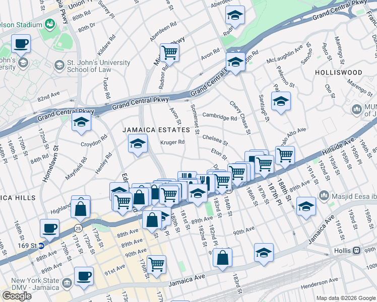 map of restaurants, bars, coffee shops, grocery stores, and more near 85-49 Avon Street in Queens