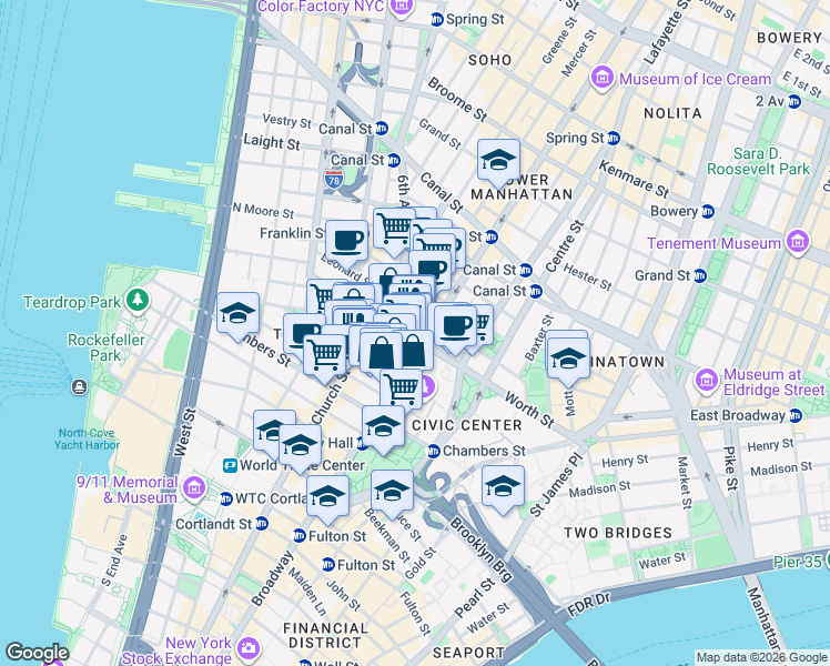 map of restaurants, bars, coffee shops, grocery stores, and more near 12 Thomas Street in New York