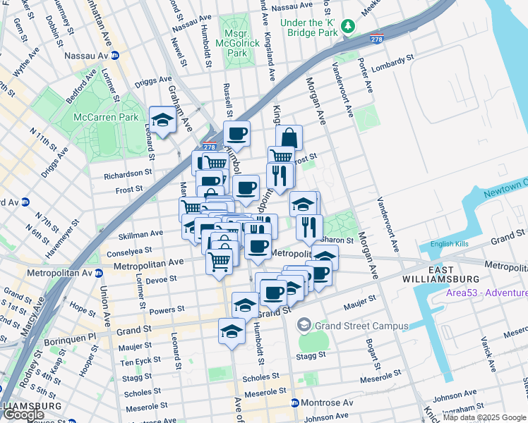 map of restaurants, bars, coffee shops, grocery stores, and more near 175 Woodpoint Road in Brooklyn