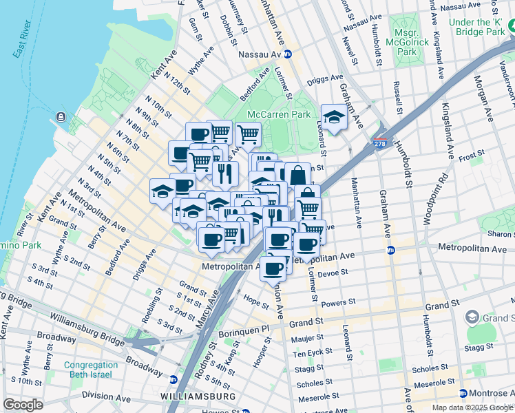 map of restaurants, bars, coffee shops, grocery stores, and more near Havemeyer Street & North 9th Street in Brooklyn