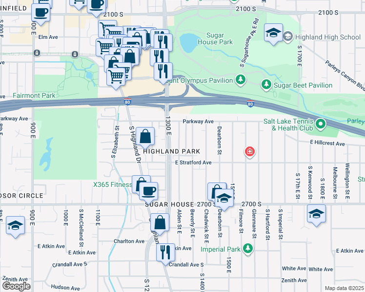 map of restaurants, bars, coffee shops, grocery stores, and more near 2527 Alden Street East in Salt Lake City