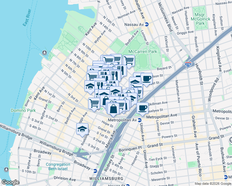 map of restaurants, bars, coffee shops, grocery stores, and more near 251 North 7th Street in Brooklyn