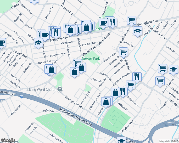 map of restaurants, bars, coffee shops, grocery stores, and more near 101-103 Newark Way in Maplewood