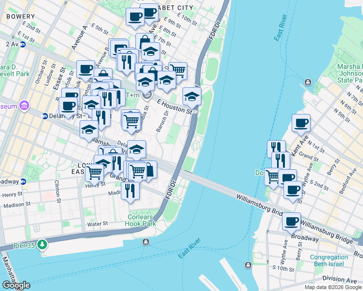 map of restaurants, bars, coffee shops, grocery stores, and more near 549 FDR Drive in New York