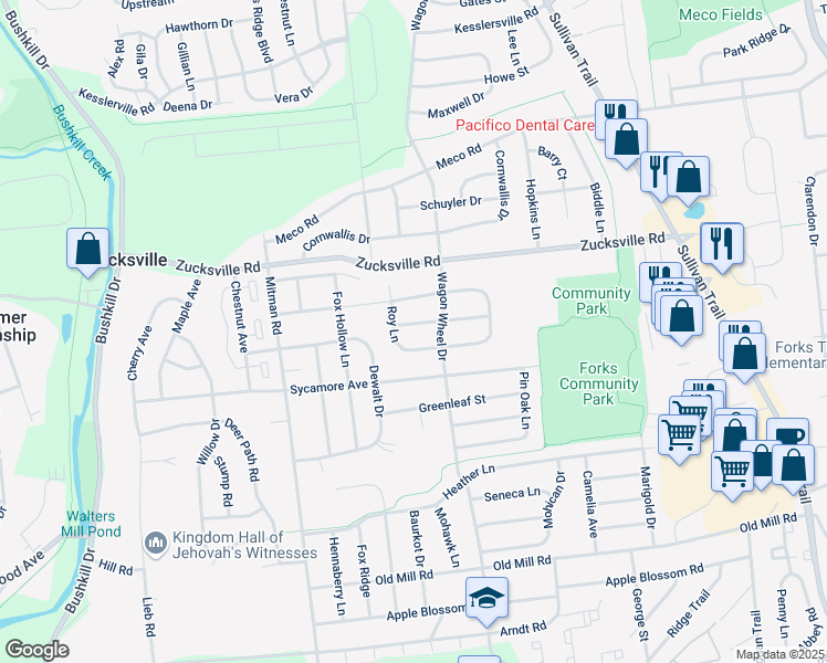 map of restaurants, bars, coffee shops, grocery stores, and more near 1800 Roy Lane in Easton