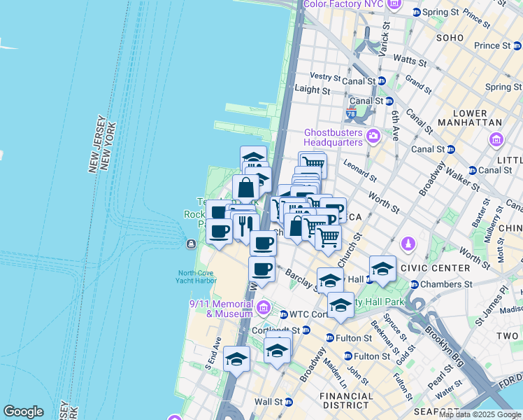 map of restaurants, bars, coffee shops, grocery stores, and more near 201 Warren Street in New York