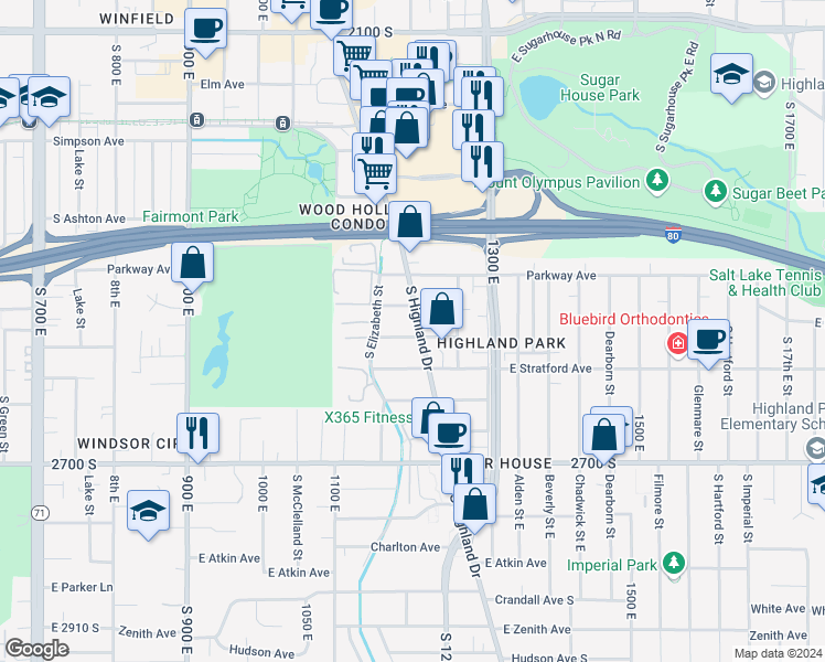 map of restaurants, bars, coffee shops, grocery stores, and more near 2562 Highland Drive in Salt Lake City