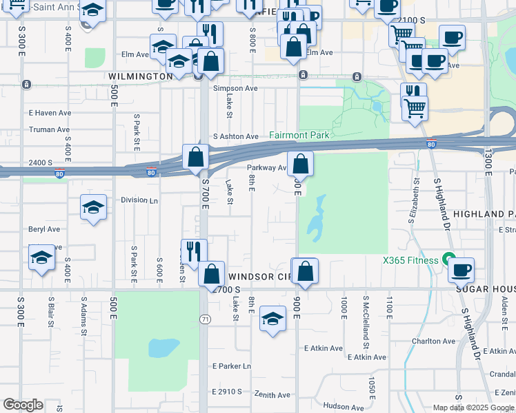 map of restaurants, bars, coffee shops, grocery stores, and more near 2506 800 East in Salt Lake City