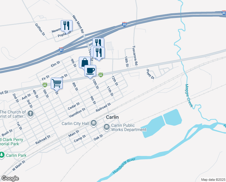 map of restaurants, bars, coffee shops, grocery stores, and more near 1015 Hamilton Street in Carlin