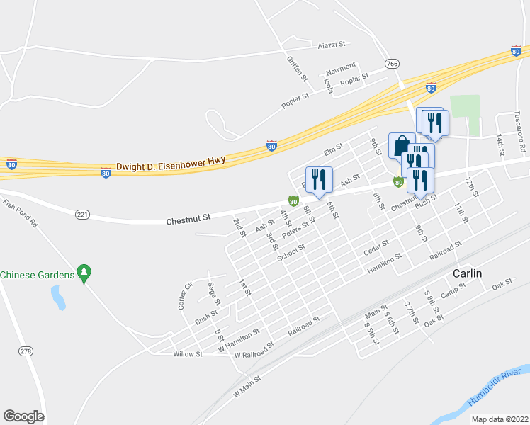 map of restaurants, bars, coffee shops, grocery stores, and more near 762 3rd Street in Carlin