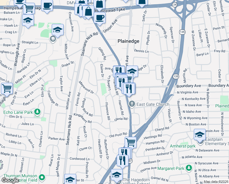 map of restaurants, bars, coffee shops, grocery stores, and more near 4135 Joyce Place in Bethpage