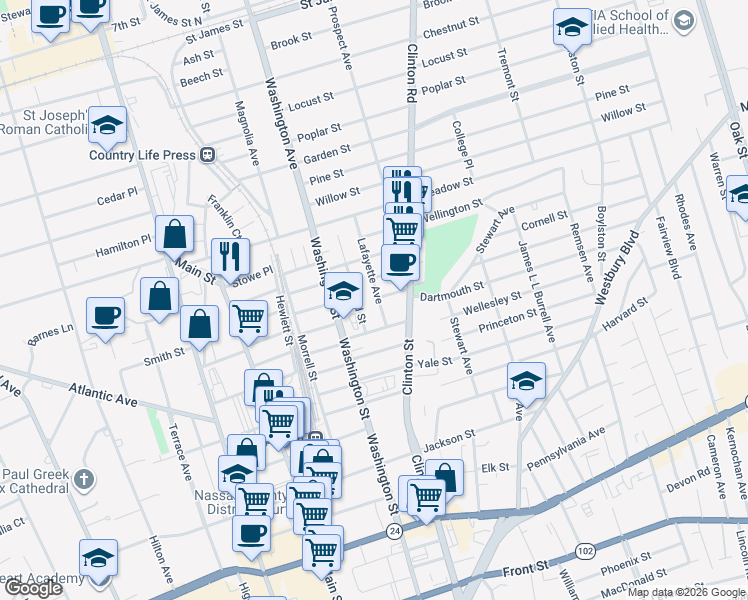 map of restaurants, bars, coffee shops, grocery stores, and more near 12 Ormond Street in Hempstead