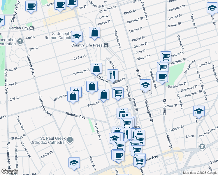 map of restaurants, bars, coffee shops, grocery stores, and more near 281 Main Street in Hempstead