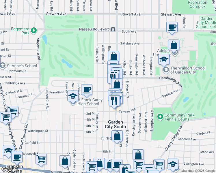 map of restaurants, bars, coffee shops, grocery stores, and more near 609 Princeton Avenue in Garden City
