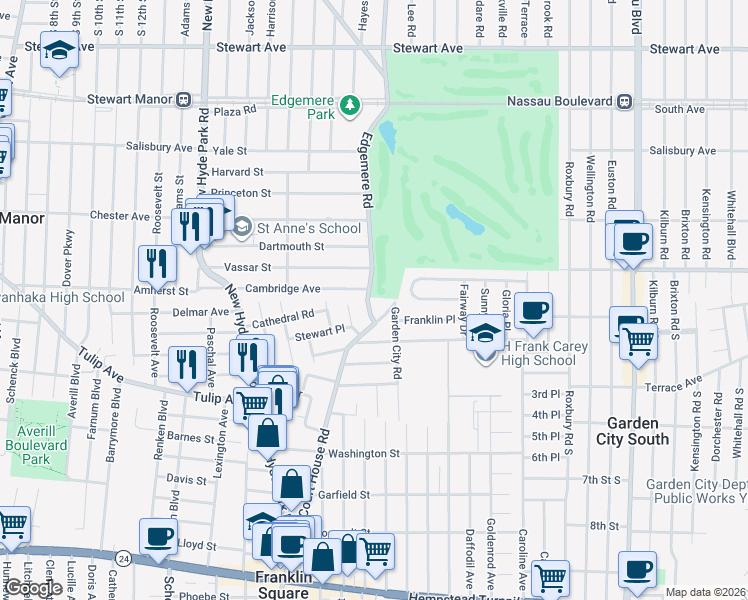 map of restaurants, bars, coffee shops, grocery stores, and more near 283 Plain Court in Franklin Square