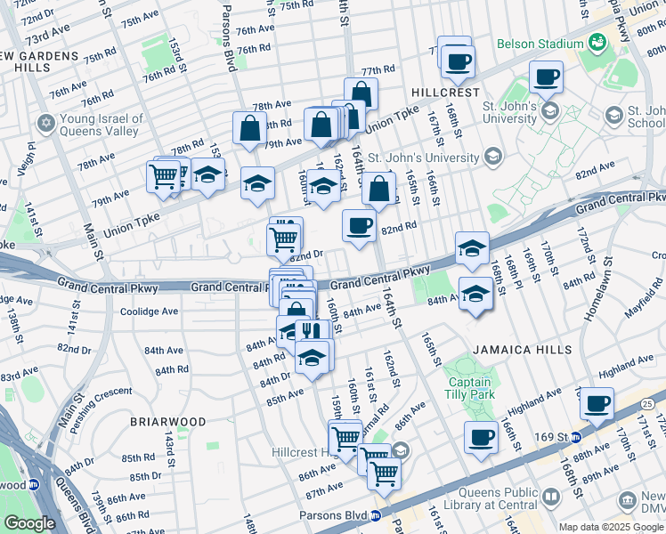 map of restaurants, bars, coffee shops, grocery stores, and more near 159-17 Grand Central Parkway in Queens