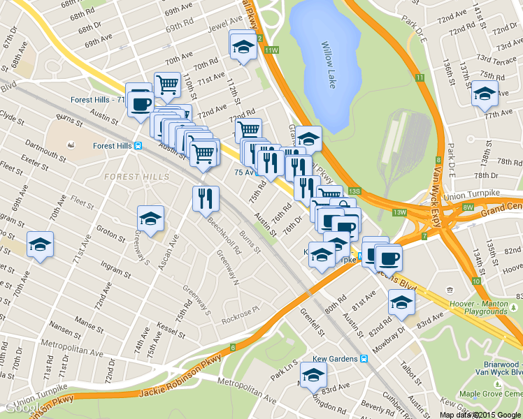 map of restaurants, bars, coffee shops, grocery stores, and more near in Queens