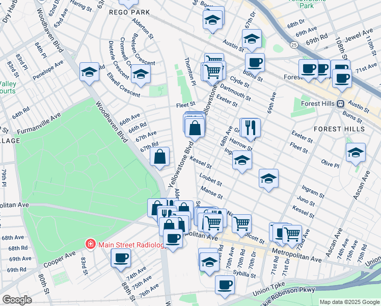 map of restaurants, bars, coffee shops, grocery stores, and more near 67-07 Selfridge Street in Queens