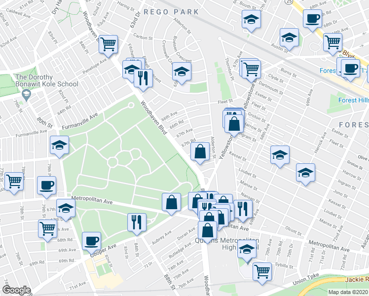 map of restaurants, bars, coffee shops, grocery stores, and more near 67-11 Woodhaven Boulevard in Queens