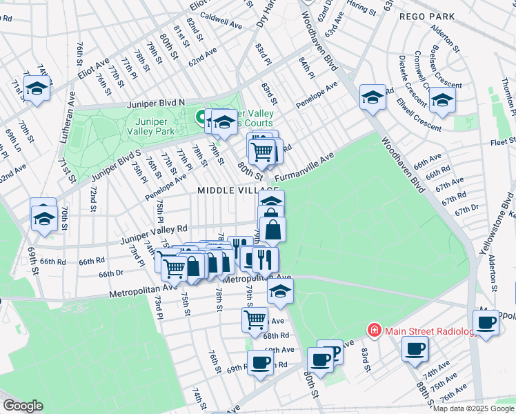 map of restaurants, bars, coffee shops, grocery stores, and more near 65-56 79th Place in Queens