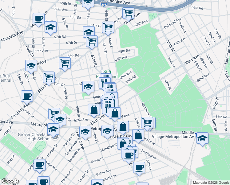 map of restaurants, bars, coffee shops, grocery stores, and more near 62-29 60th Drive in Queens