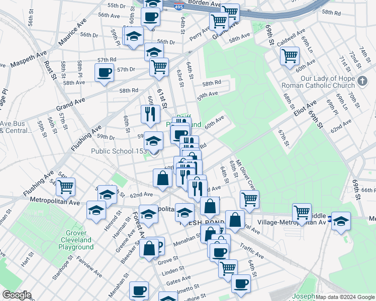 map of restaurants, bars, coffee shops, grocery stores, and more near in Queens