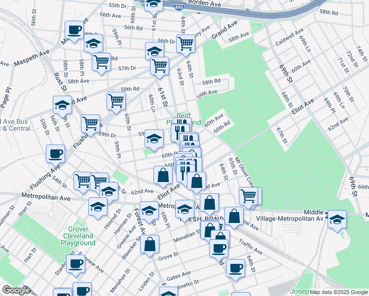 map of restaurants, bars, coffee shops, grocery stores, and more near in Queens